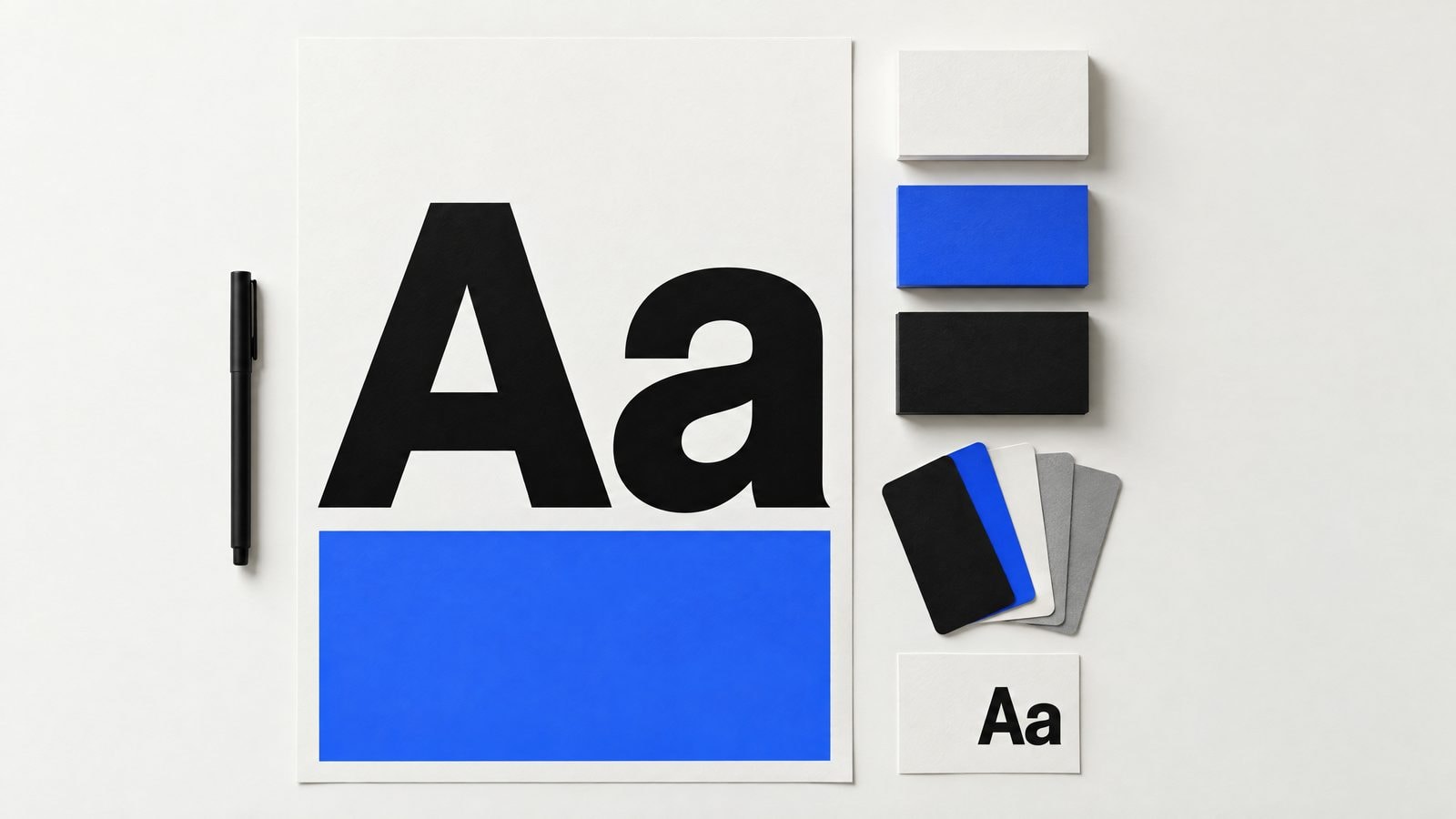 Concept study visual: brand system with a typography poster, colour swatches and business cards in black, off-white and cobalt blue