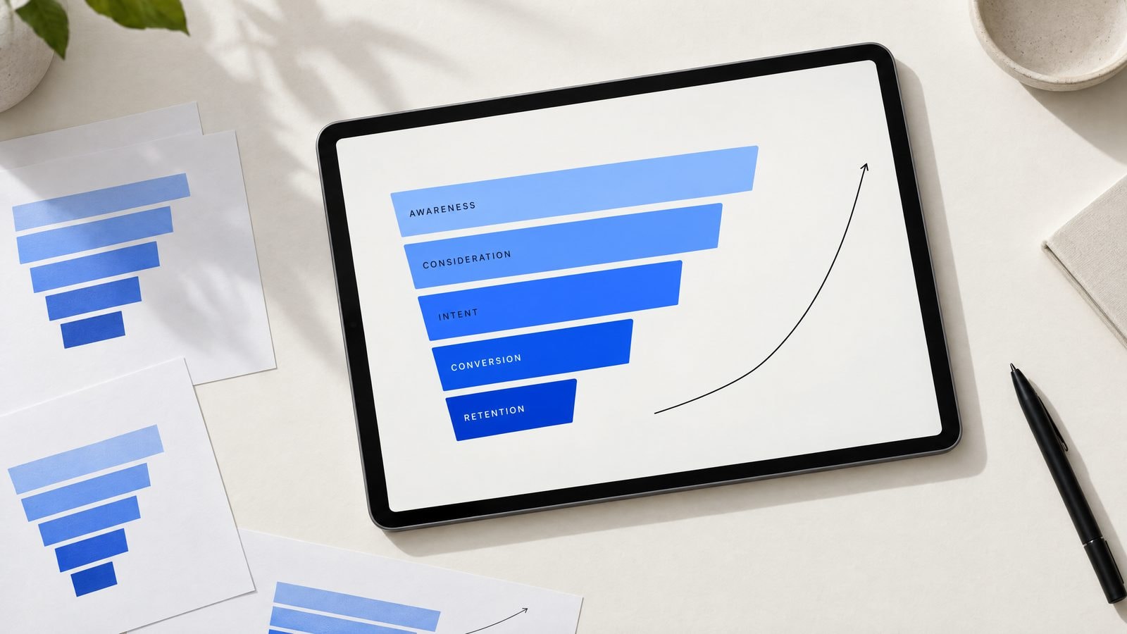 Concept study visual: tablet showing a five-stage conversion funnel from awareness to retention